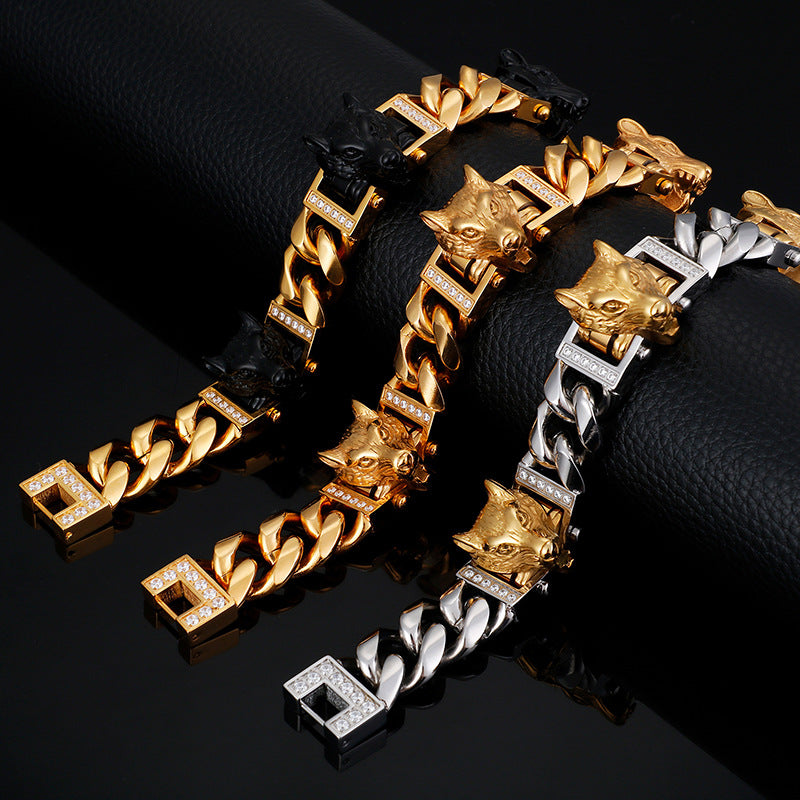 Custom Wolf Head Punk Style Mens Bracelet 21cm