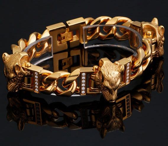 Custom Wolf Head Punk Style Mens Bracelet 21cm