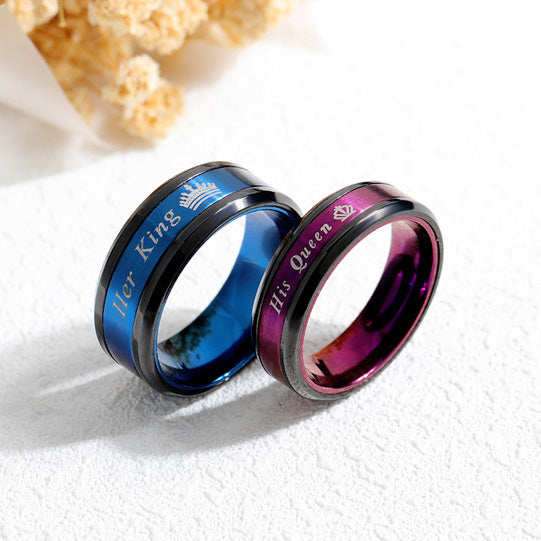 Her King His Queen Wedding Bands - Engraved Titanium Set