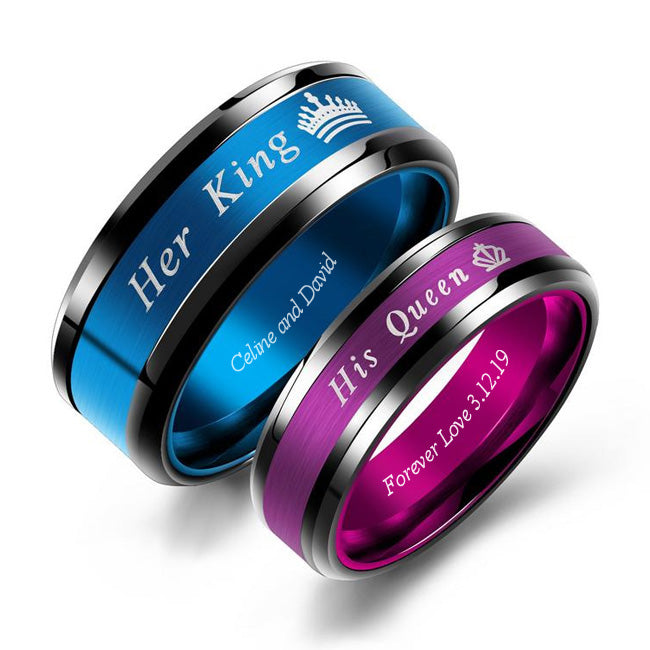Her King His Queen Wedding Bands - Engraved Titanium Set