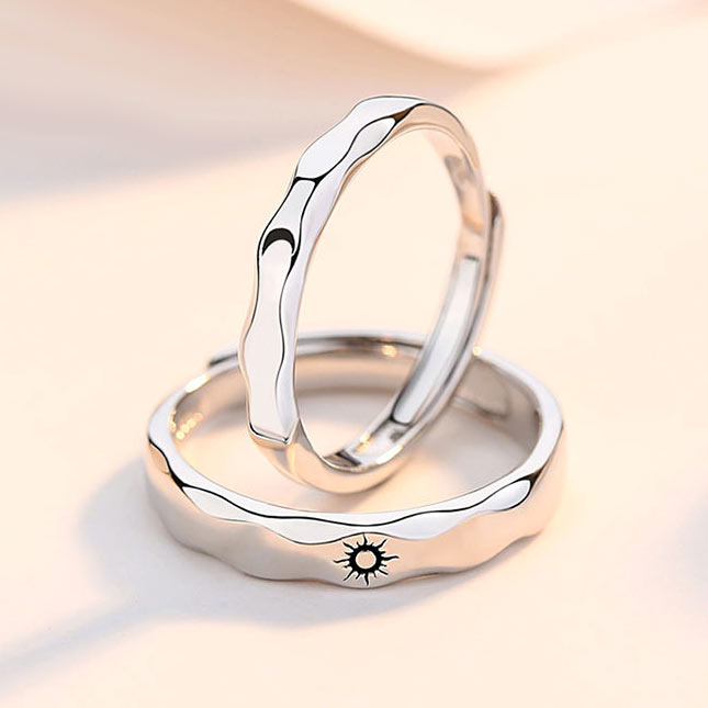 Sun and Moon Engraved Engagement Rings Set for 2