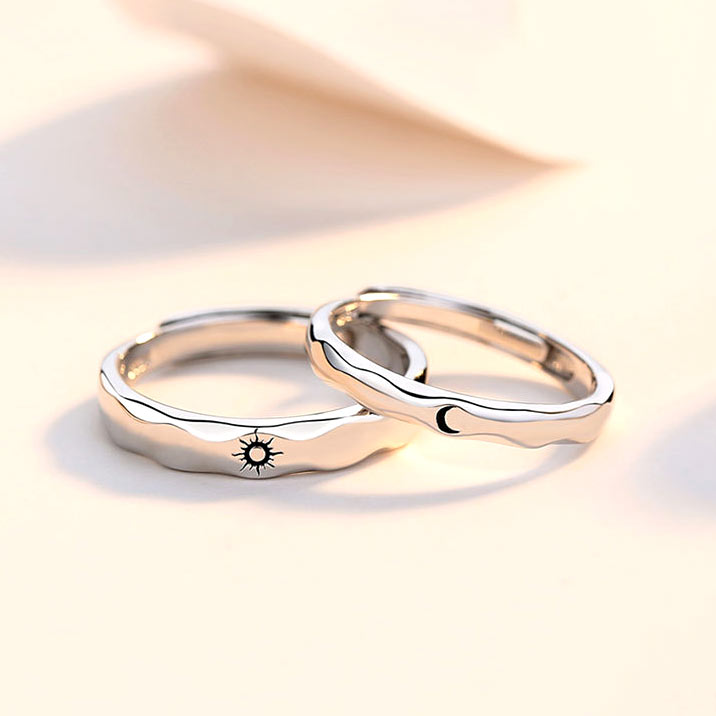 Sun and Moon Engraved Engagement Rings Set for 2