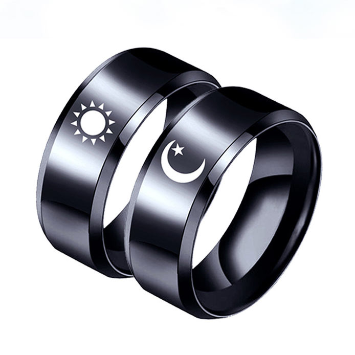 Engraved Sun and Moon Promise Rings Set for 2