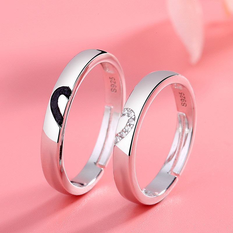 Engraved Half Heart Engagement Rings Set for 2