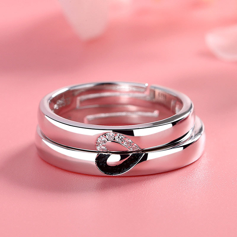 Engraved Half Heart Engagement Rings Set for 2