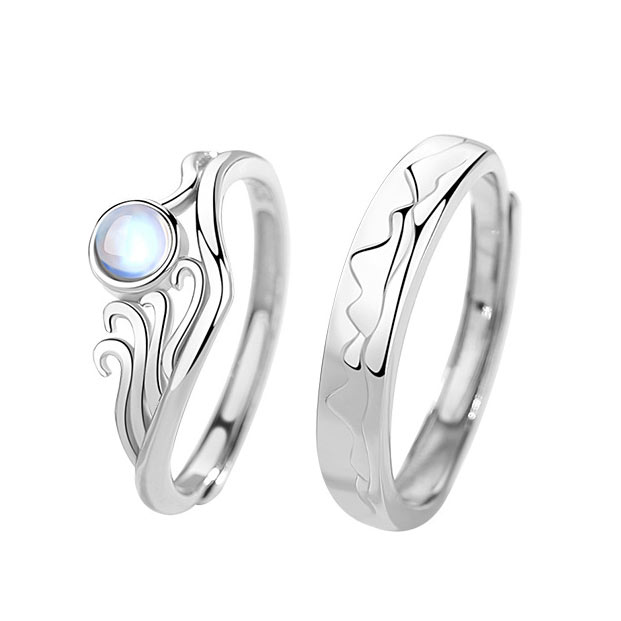 Ocean Mountains Matching Couple Rings Set Gift