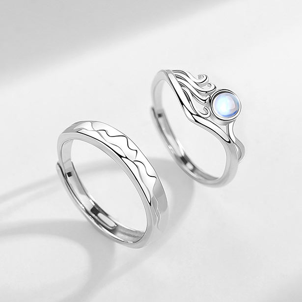 Ocean Mountains Matching Couple Rings Set Gift