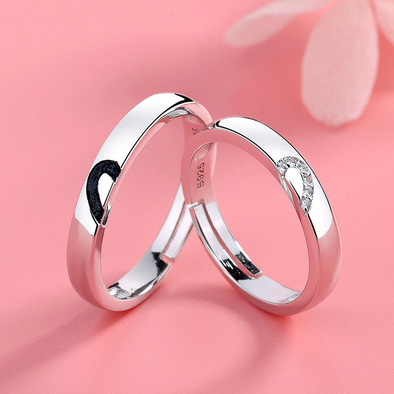 Engraved Half Heart Engagement Rings Set for 2