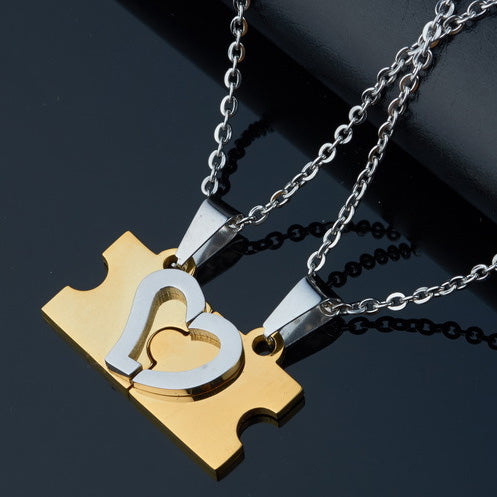 Name Engraved 2 Hearts Puzzle Pendants For Him and Her