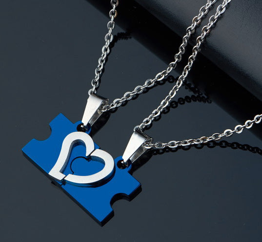 Name Engraved 2 Hearts Puzzle Pendants For Him and Her