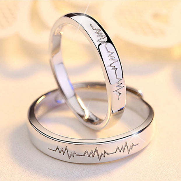 Engravable Heartbeat Couple Wedding Rings Set