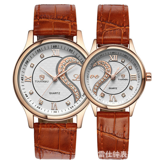 Matching Half Hearts Couple Watch Gift Set - Stainless Steel, Leather Band, Japanese Movement