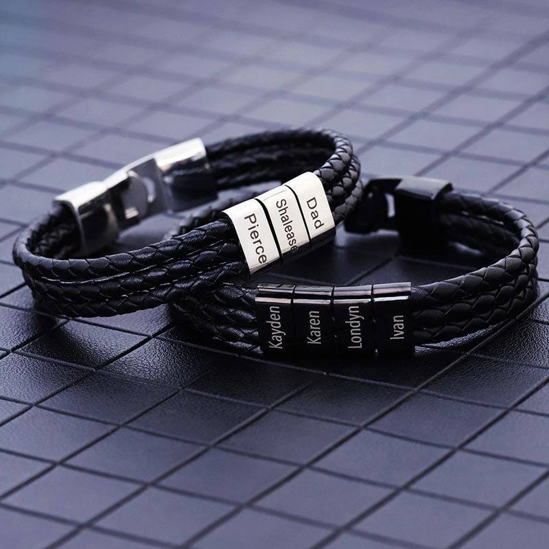 Family Names Charm Mens Leather Bracelet