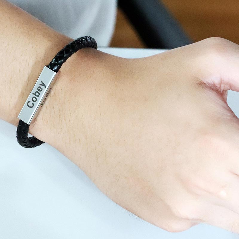 Custom Engraved Mens Leather Bracelet