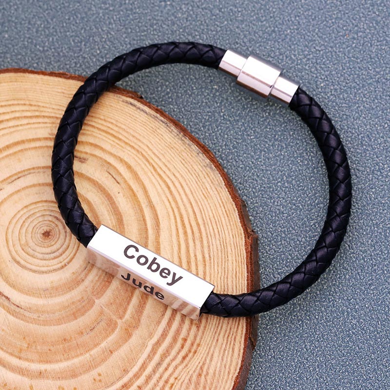 Custom Engraved Mens Leather Bracelet