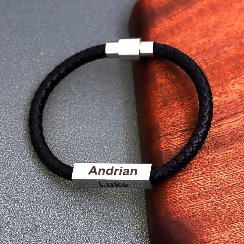 Custom Engraved Mens Leather Bracelet
