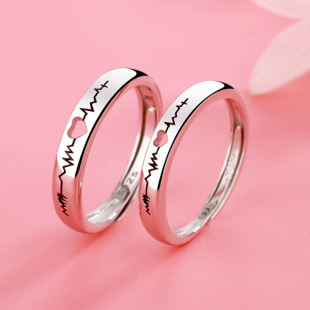 Engraved Heartbeat Couple Promise Rings Set