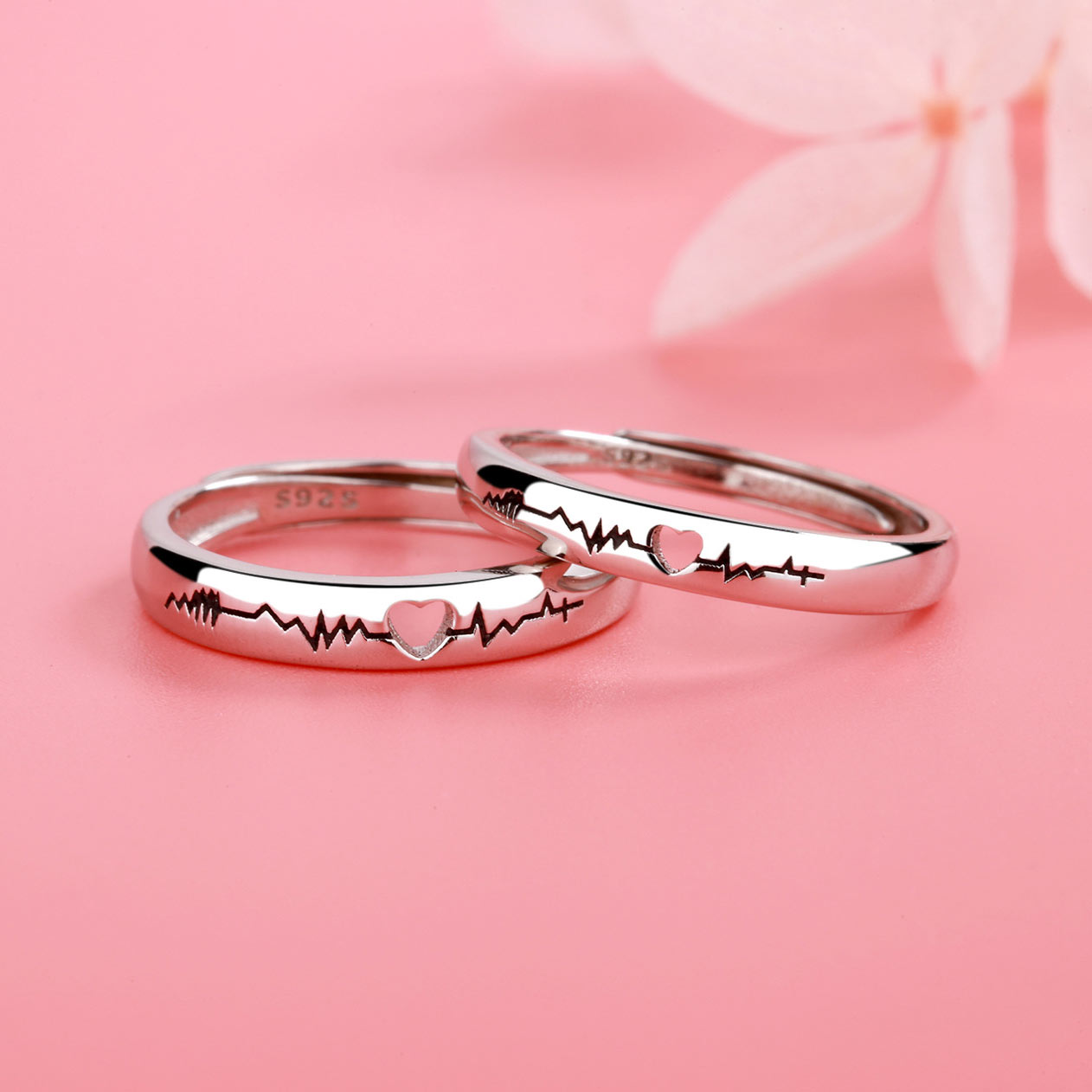 Engraved Heartbeat Couple Promise Rings Set