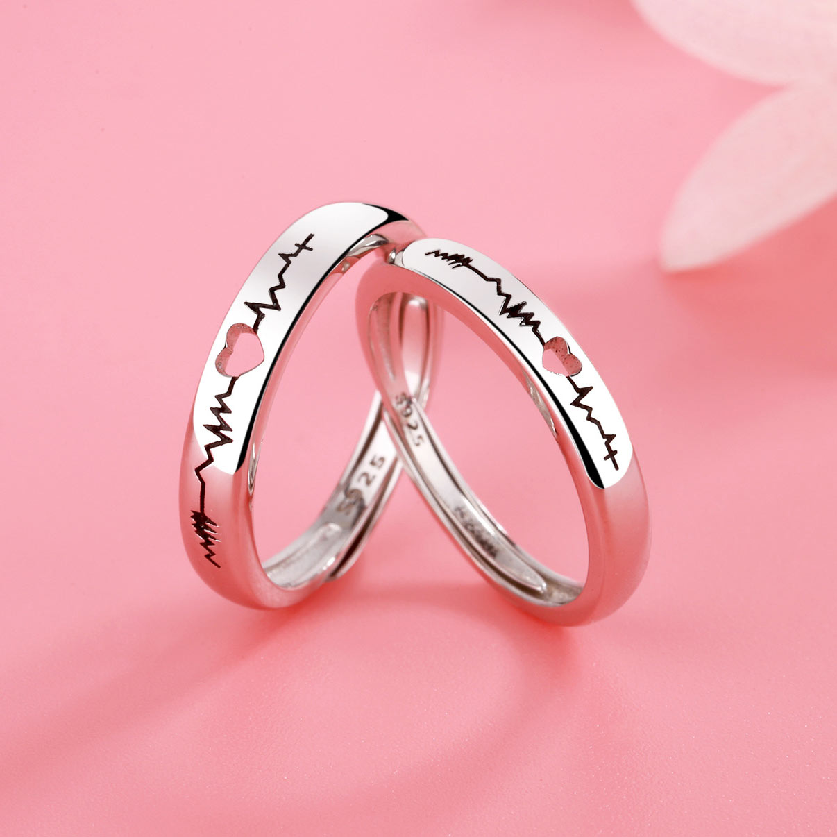 Engraved Heartbeat Couple Promise Rings Set