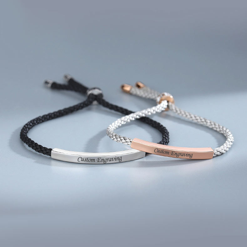 Custom Engraved Promise Bracelets Set for Couples - Sterling Silver with Waterproof Rope