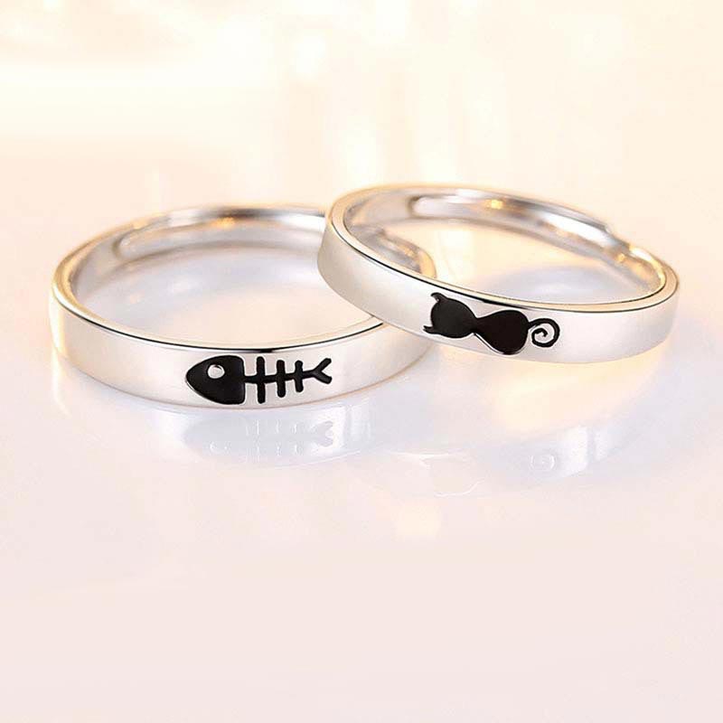 Custom Cat and Fish Wedding Bands for Him and Her