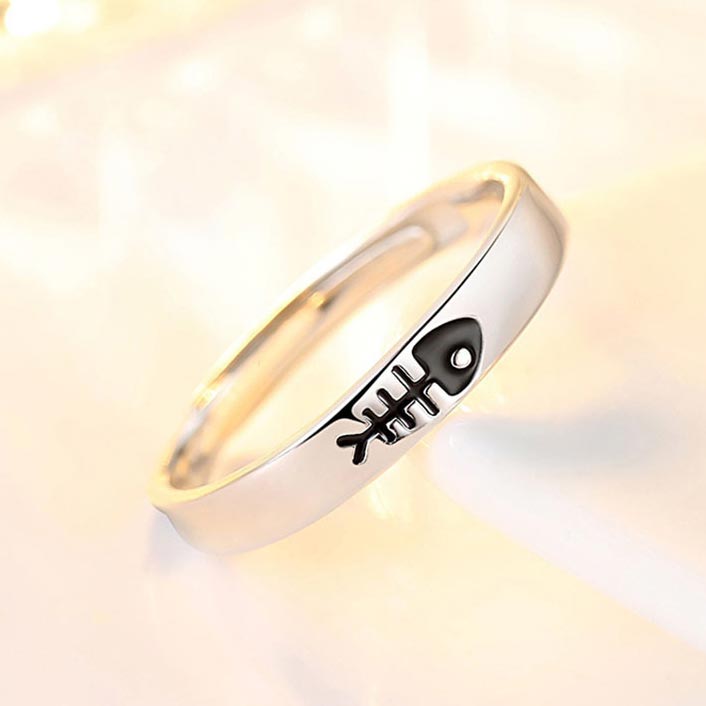 Custom Cat and Fish Wedding Bands for Him and Her