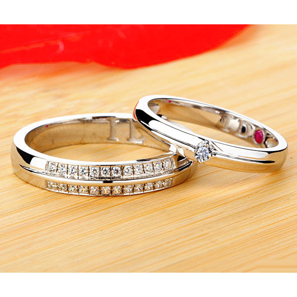 Engraved Ruby Lab Diamond Matching Rings Set