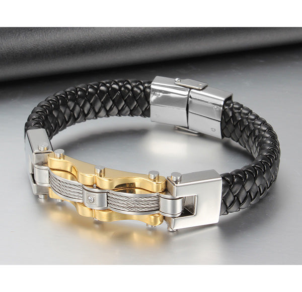 Engraved Mens Leather Bracelet Stainless Steel