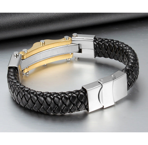 Engraved Mens Leather Bracelet Stainless Steel