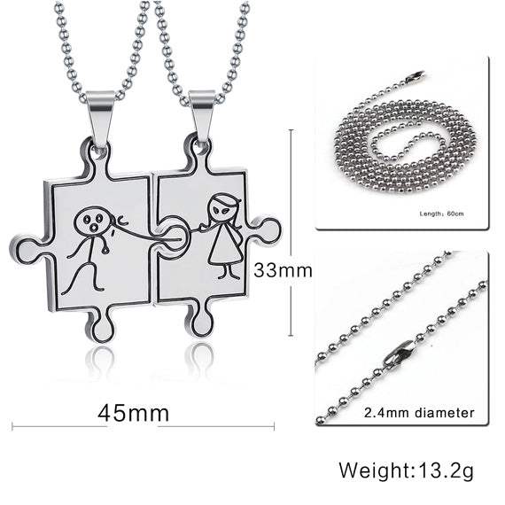 Engraved Jigsaw Puzzle Funny Couple Chain Necklaces Set