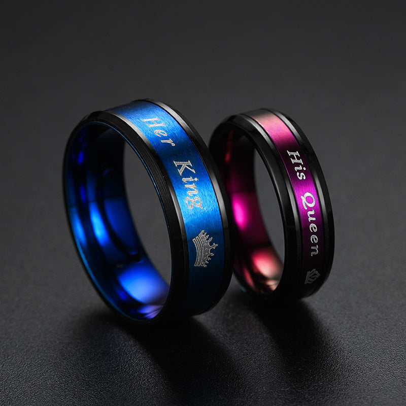 Her King His Queen Wedding Bands - Engraved Titanium Set