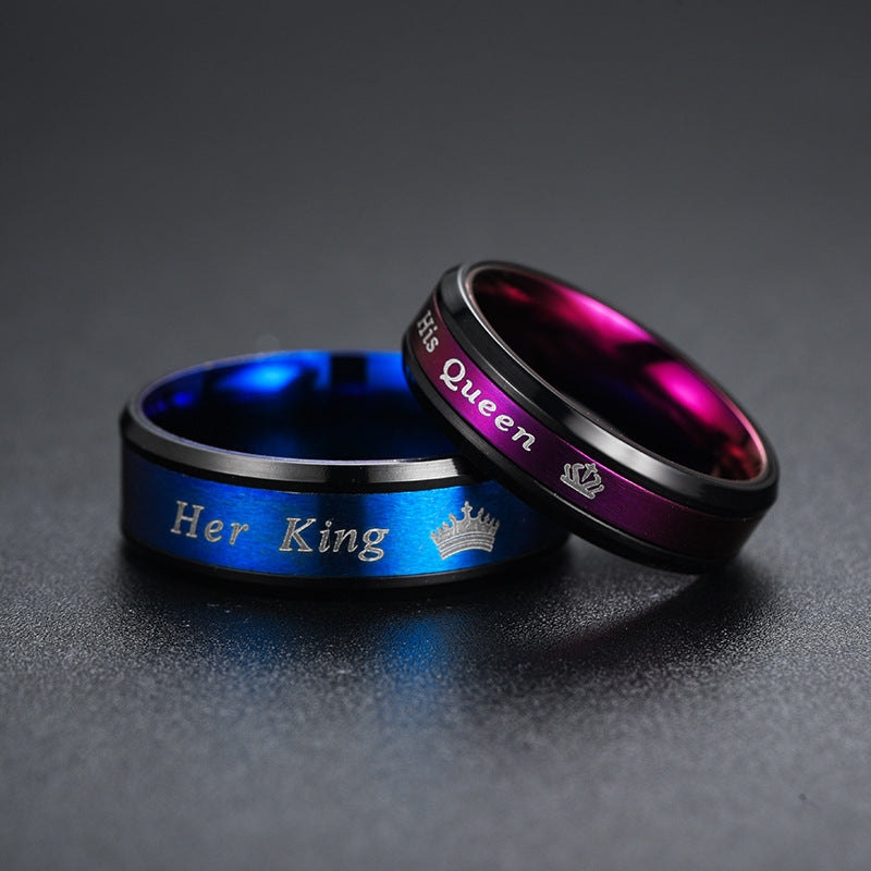 Her King His Queen Wedding Bands - Engraved Titanium Set