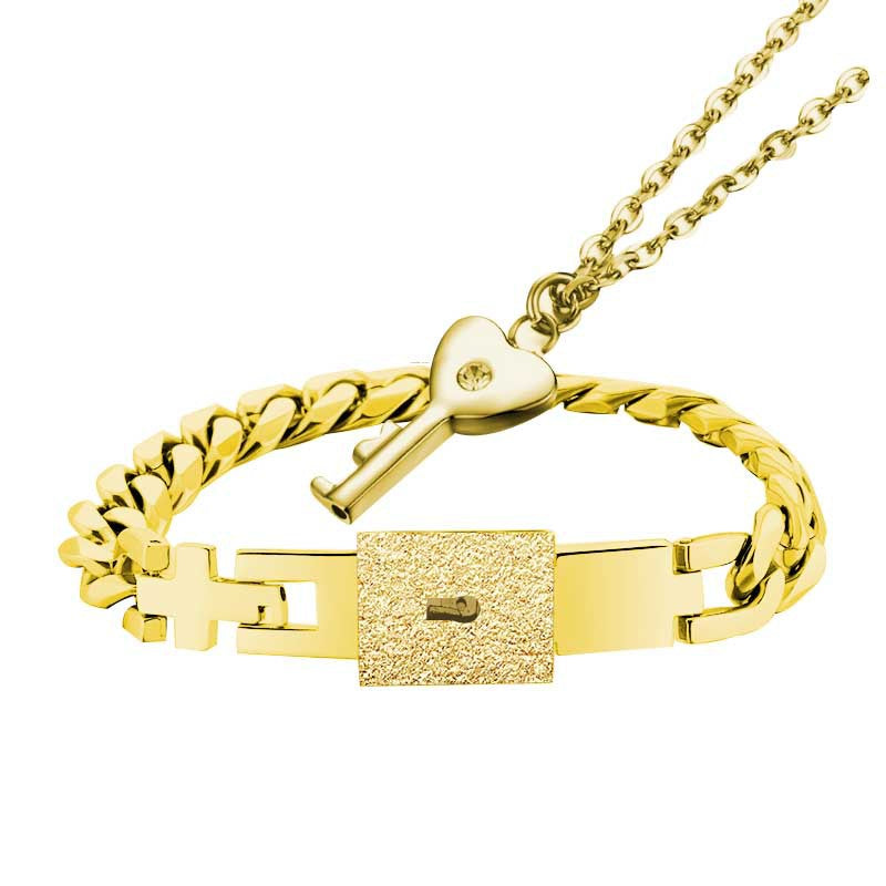 Engraved Real Lock and Key Couple Bracelet Necklace Set - Personalized Gift for 2