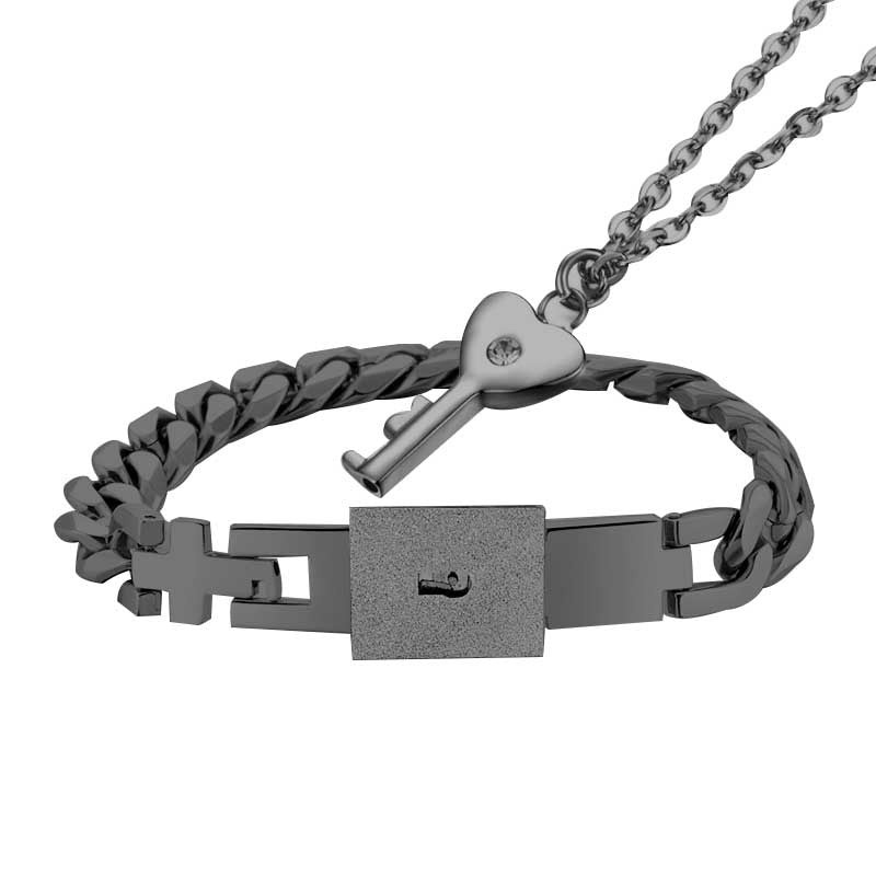 Engraved Real Lock and Key Couple Bracelet Necklace Set - Personalized Gift for 2