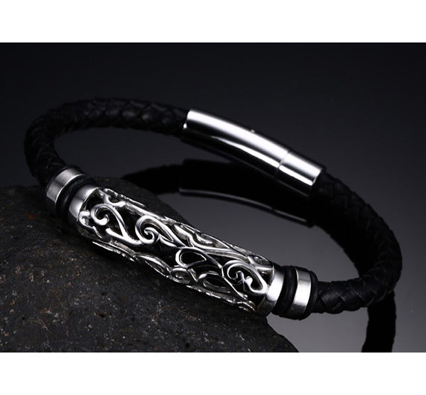 Promise Mens Leather Bracelet Stainless Steel