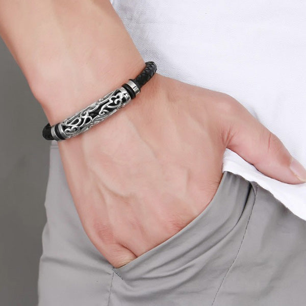 Promise Mens Leather Bracelet Stainless Steel