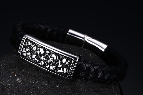 Mens Skull Personalized Magnetic Button Bracelet Black