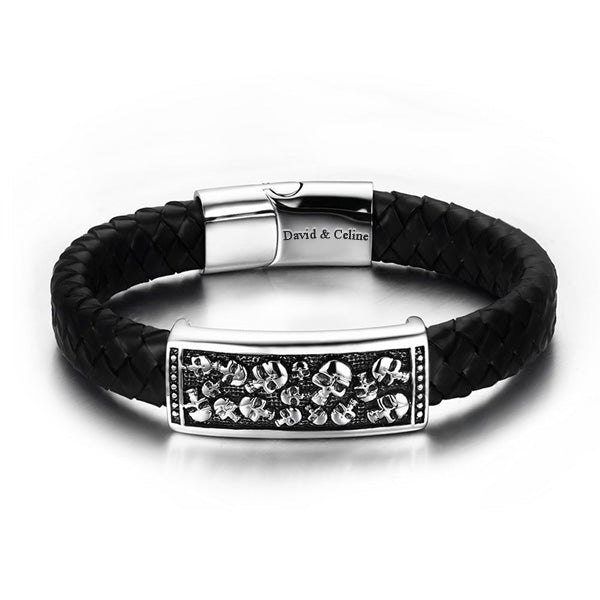 Mens Skull Personalized Magnetic Button Bracelet Black