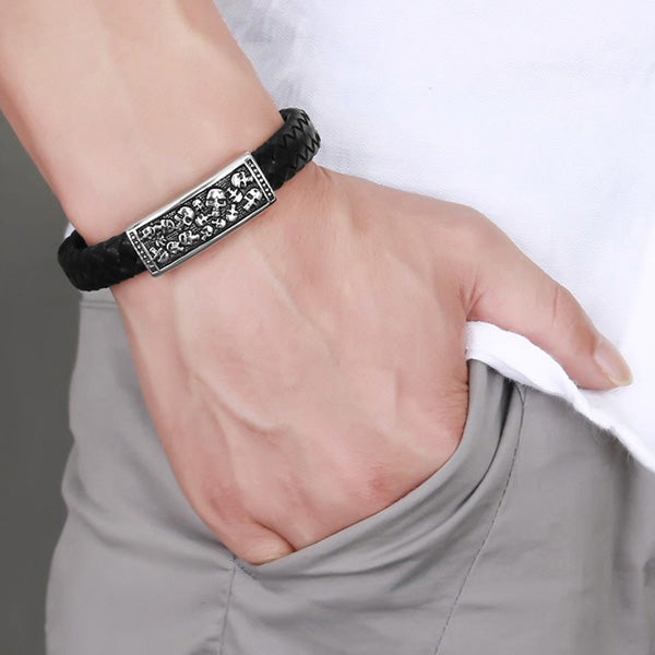 Mens Skull Personalized Magnetic Button Bracelet Black