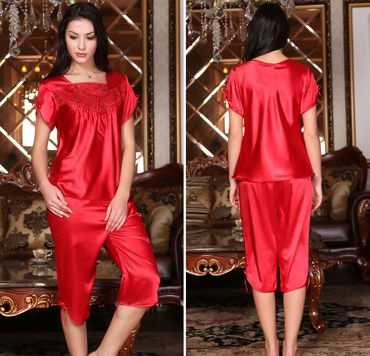 Ornate Embroidered Silk Couple's Pajama Set