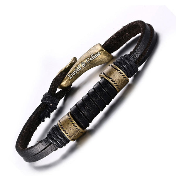 Leather Mens Bracelet Valentines Gift Bronze Alloy