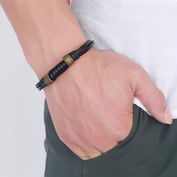 Leather Mens Bracelet Valentines Gift Bronze Alloy