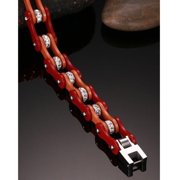 Engraved Mens Bike Chain Bracelet Stainless Steel Coffee