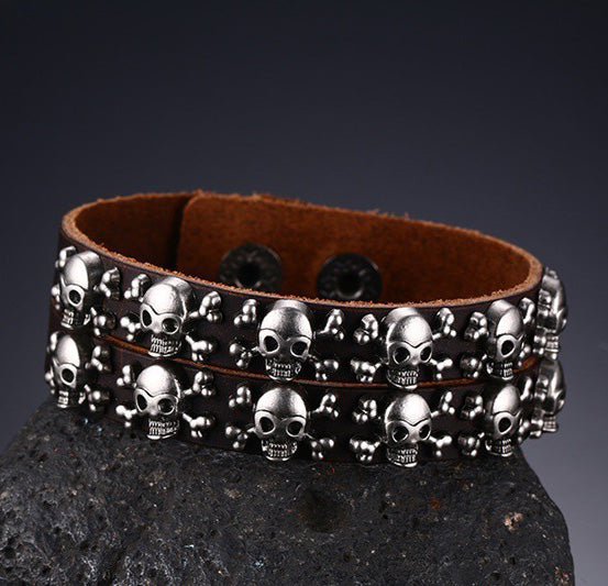 Punk Skull Leather Wrap Bracelet for Guys Brown