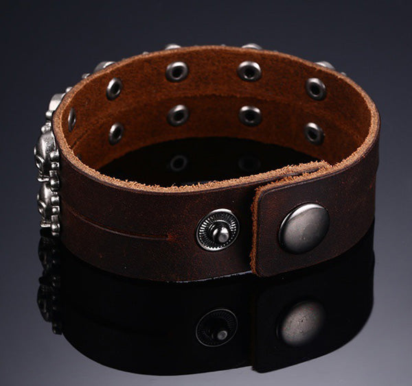 Punk Skull Leather Wrap Bracelet for Guys Brown