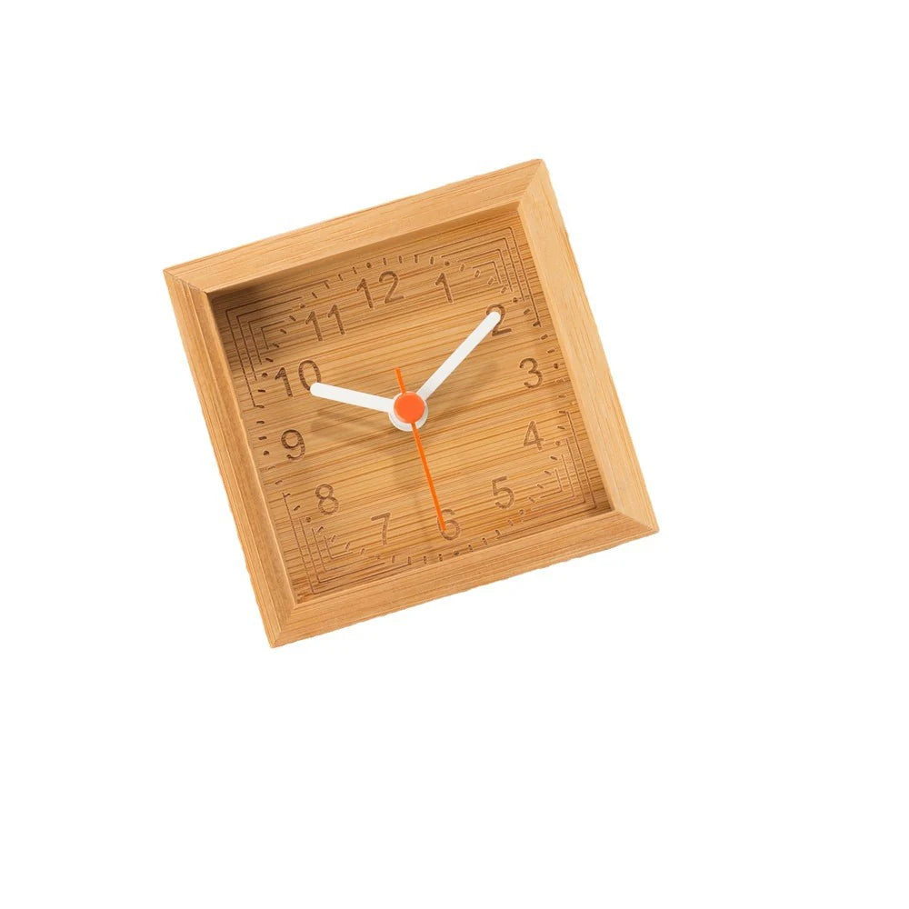 Wooden Square Silent Table Clock — Minimalist Bamboo (7cm)