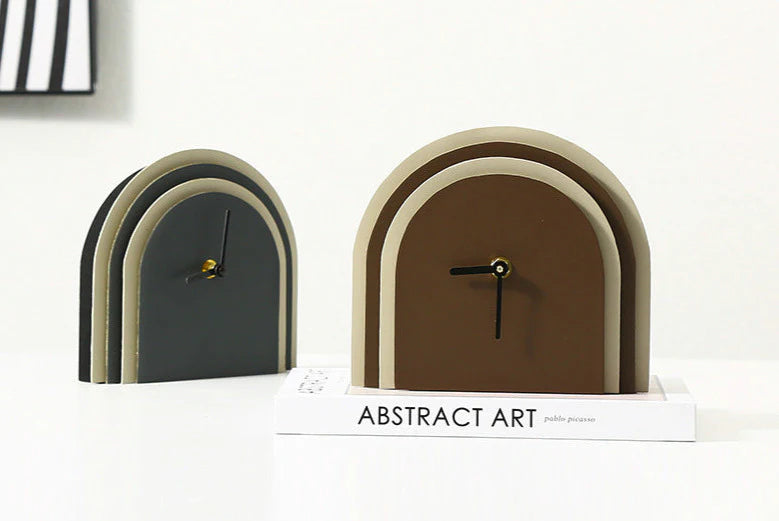 Multilayered Wood & Leather Silent Desk Clock – 19×17 cm (Blue/Brown)