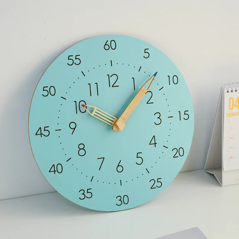 Learning Time Silent Kids Wall Clock — 12" Pencil Hands (MDF)