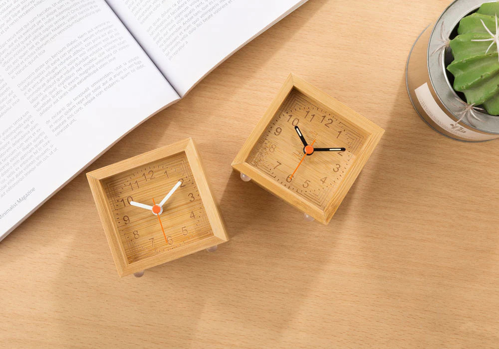 Wooden Square Silent Table Clock — Minimalist Bamboo (7cm)