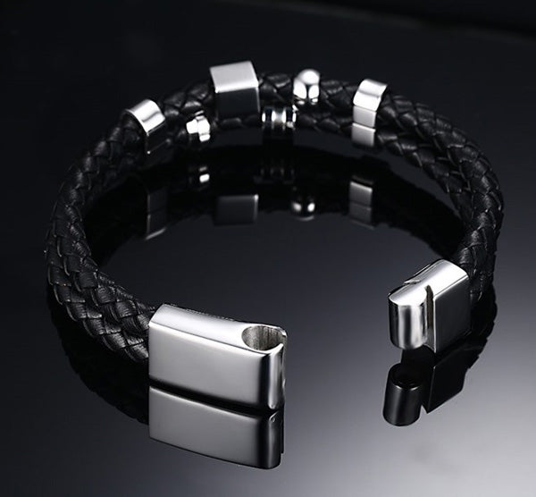 Personalized Leather Mens Wrap Bracelet Black